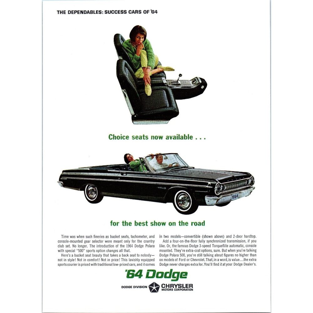 1964 Dodge Polara 500 Convertible Vintage Print Ad Dependables 60s Wall Art